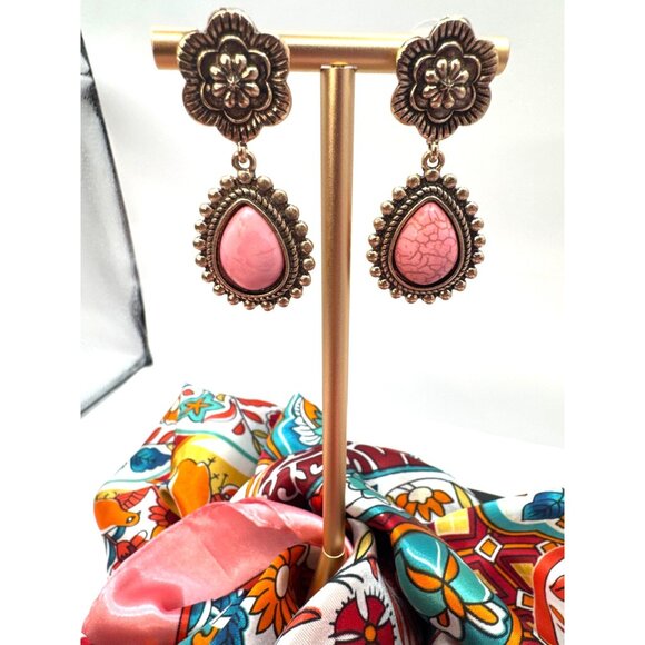 2/$24 Vintage-Style Gold & Pink Teardrop Dangle Earrings With Floral Top - Picture 4 of 7